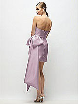 Rear View Thumbnail - Suede Rose Strapless Pleated Draped Satin Mini Dress with Dramatic Long Tail Bow & Covered Buttons
