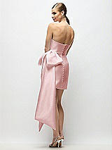 Rear View Thumbnail - Ballet Pink Strapless Pleated Draped Satin Mini Dress with Dramatic Long Tail Bow & Covered Buttons