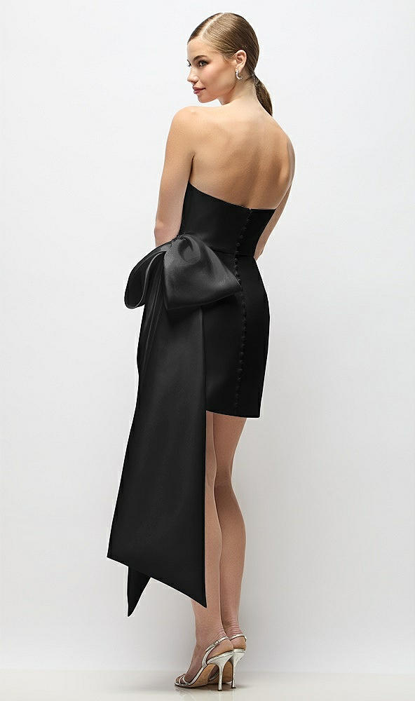 Back View - Black Strapless Pleated Draped Satin Mini Dress with Dramatic Long Tail Bow & Covered Buttons