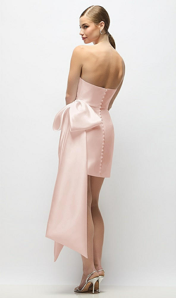Back View - Blush Strapless Pleated Draped Satin Mini Dress with Dramatic Long Tail Bow & Covered Buttons