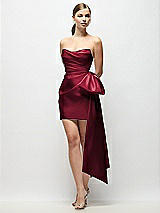 Front View Thumbnail - Burgundy Strapless Pleated Draped Satin Mini Dress with Dramatic Long Tail Bow & Covered Buttons