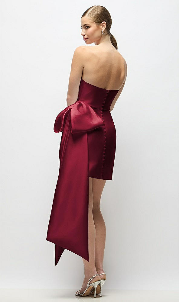 Back View - Burgundy Strapless Pleated Draped Satin Mini Dress with Dramatic Long Tail Bow & Covered Buttons
