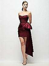 Front View Thumbnail - Cabernet Strapless Pleated Draped Satin Mini Dress with Dramatic Long Tail Bow & Covered Buttons