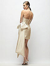 Rear View Thumbnail - Champagne Strapless Pleated Draped Satin Mini Dress with Dramatic Long Tail Bow & Covered Buttons