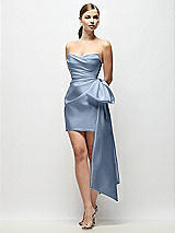 Front View Thumbnail - Cloudy Strapless Pleated Draped Satin Mini Dress with Dramatic Long Tail Bow & Covered Buttons
