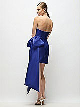 Rear View Thumbnail - Cobalt Blue Strapless Pleated Draped Satin Mini Dress with Dramatic Long Tail Bow & Covered Buttons
