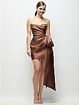 Alt View 1 Thumbnail - Cognac Strapless Pleated Draped Satin Mini Dress with Dramatic Long Tail Bow & Covered Buttons