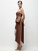 Side View Thumbnail - Cognac Strapless Pleated Draped Satin Mini Dress with Dramatic Long Tail Bow & Covered Buttons