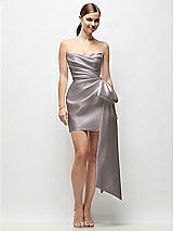Alt View 1 Thumbnail - Cashmere Gray Strapless Pleated Draped Satin Mini Dress with Dramatic Long Tail Bow & Covered Buttons