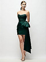 Front View Thumbnail - Evergreen Strapless Pleated Draped Satin Mini Dress with Dramatic Long Tail Bow & Covered Buttons