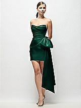 Front View Thumbnail - Hunter Green Strapless Pleated Draped Satin Mini Dress with Dramatic Long Tail Bow & Covered Buttons