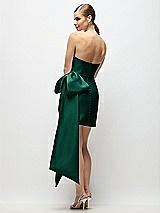 Rear View Thumbnail - Hunter Green Strapless Pleated Draped Satin Mini Dress with Dramatic Long Tail Bow & Covered Buttons