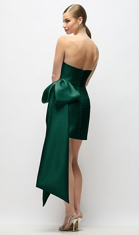 Back View - Hunter Green Strapless Pleated Draped Satin Mini Dress with Dramatic Long Tail Bow & Covered Buttons