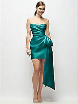 Alt View 1 Thumbnail - Jade Strapless Pleated Draped Satin Mini Dress with Dramatic Long Tail Bow & Covered Buttons