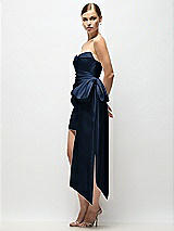 Side View Thumbnail - Midnight Navy Strapless Pleated Draped Satin Mini Dress with Dramatic Long Tail Bow & Covered Buttons
