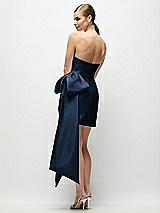 Rear View Thumbnail - Midnight Navy Strapless Pleated Draped Satin Mini Dress with Dramatic Long Tail Bow & Covered Buttons