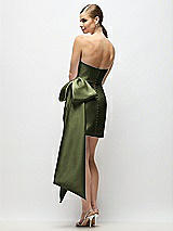 Rear View Thumbnail - Olive Green Strapless Pleated Draped Satin Mini Dress with Dramatic Long Tail Bow & Covered Buttons