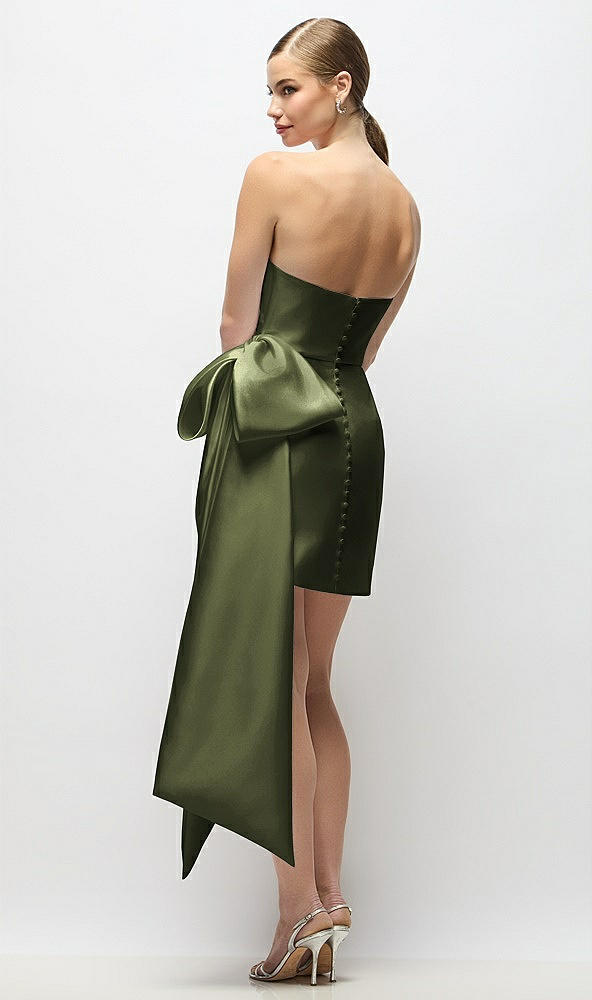 Back View - Olive Green Strapless Pleated Draped Satin Mini Dress with Dramatic Long Tail Bow & Covered Buttons