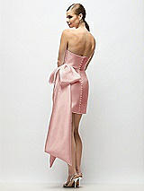 Rear View Thumbnail - Rose Strapless Pleated Draped Satin Mini Dress with Dramatic Long Tail Bow & Covered Buttons