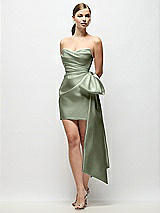 Front View Thumbnail - Sage Strapless Pleated Draped Satin Mini Dress with Dramatic Long Tail Bow & Covered Buttons