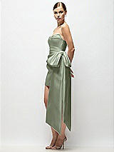 Side View Thumbnail - Sage Strapless Pleated Draped Satin Mini Dress with Dramatic Long Tail Bow & Covered Buttons