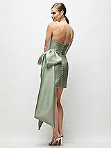Rear View Thumbnail - Sage Strapless Pleated Draped Satin Mini Dress with Dramatic Long Tail Bow & Covered Buttons