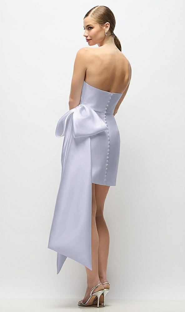 Back View - Silver Dove Strapless Pleated Draped Satin Mini Dress with Dramatic Long Tail Bow & Covered Buttons