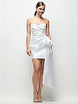 Alt View 1 Thumbnail - White Strapless Pleated Draped Satin Mini Dress with Dramatic Long Tail Bow & Covered Buttons