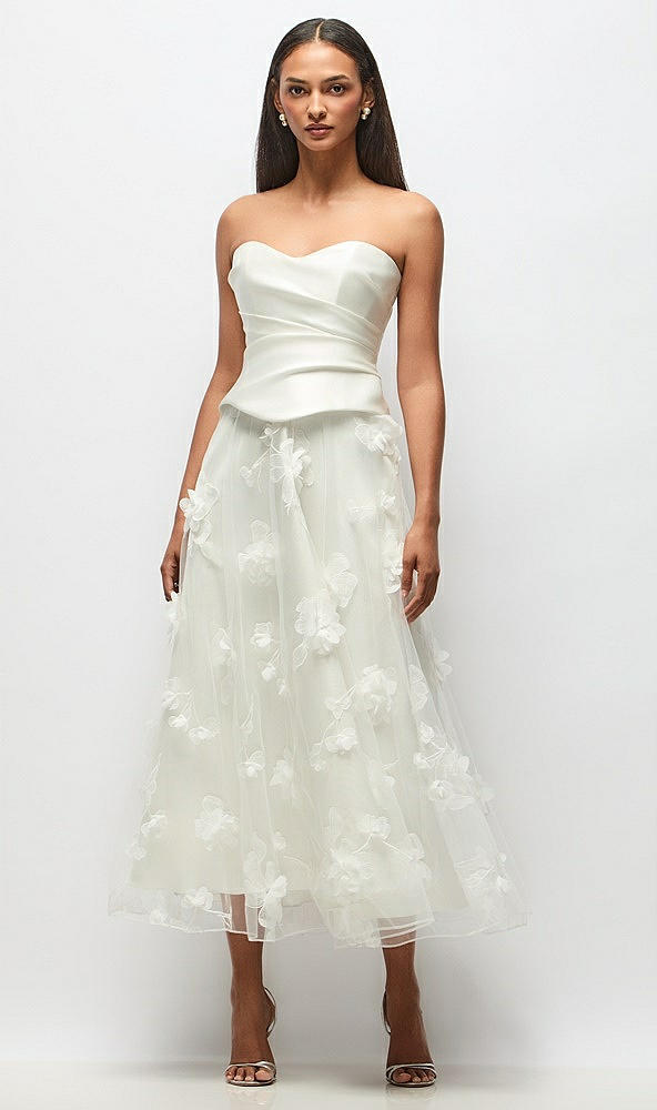 Front View - Ivory Strapless Little White Dress with Drop Waist Satin Corset Over Floral Tulle Midi Skirt