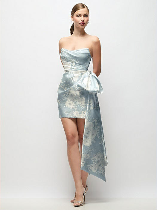 Strapless Pleated Draped Floral Satin Mini Dress with Dramatic Long Tail Bow & Covered Buttons