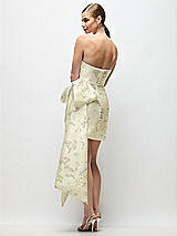 Rear View Thumbnail - Butter Yellow Floral Strapless Pleated Draped Floral Satin Mini Dress with Dramatic Long Tail Bow & Covered Buttons