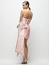 Rear View Thumbnail - Bow And Blossom Print Strapless Pleated Draped Floral Satin Mini Dress with Dramatic Long Tail Bow & Covered Buttons