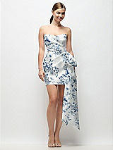 Alt View 1 Thumbnail - Cottage Rose Larkspur Strapless Pleated Draped Floral Satin Mini Dress with Dramatic Long Tail Bow & Covered Buttons