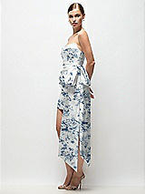 Side View Thumbnail - Cottage Rose Larkspur Strapless Pleated Draped Floral Satin Mini Dress with Dramatic Long Tail Bow & Covered Buttons