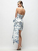 Rear View Thumbnail - Cottage Rose Larkspur Strapless Pleated Draped Floral Satin Mini Dress with Dramatic Long Tail Bow & Covered Buttons
