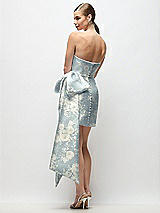 Rear View Thumbnail - Porcelain Blue Seraphina Floral Strapless Pleated Draped Floral Satin Mini Dress with Dramatic Long Tail Bow & Covered Buttons