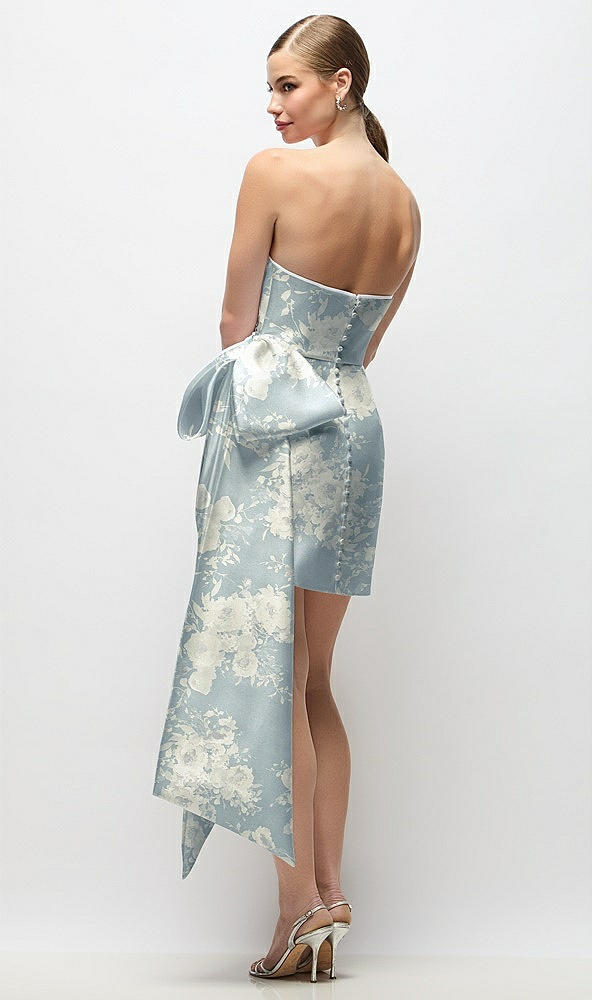 Back View - Porcelain Blue Seraphina Floral Strapless Pleated Draped Floral Satin Mini Dress with Dramatic Long Tail Bow & Covered Buttons