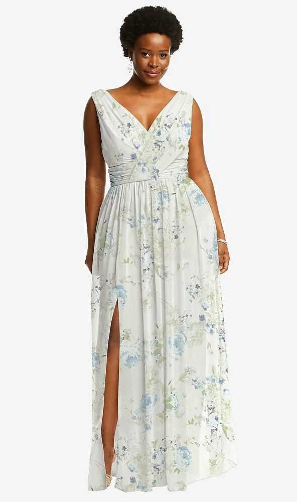 Front View - Bleu Garden Sleeveless Draped Chiffon Maxi Dress with Front Slit