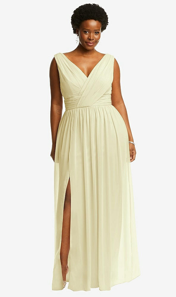 Front View - Butter Yellow Sleeveless Draped Chiffon Maxi Dress with Front Slit