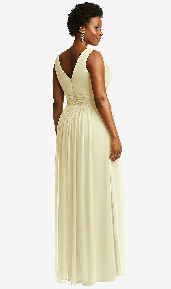 Back View - Butter Yellow Sleeveless Draped Chiffon Maxi Dress with Front Slit