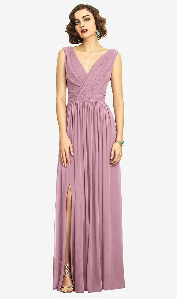 Front View - Dusty Pink Sleeveless Draped Chiffon Maxi Dress with Front Slit