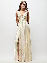 Front View Thumbnail - Butter Yellow Floral Sleeveless Draped Chiffon Maxi Dress with Front Slit
