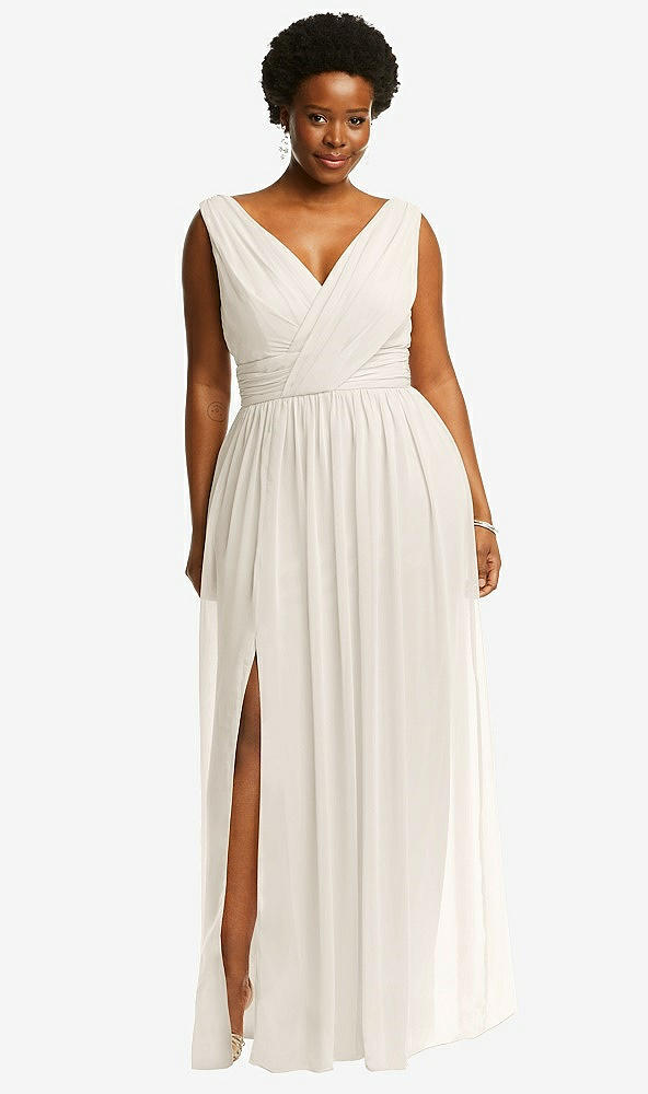 Front View - Ivory Sleeveless Draped Chiffon Maxi Dress with Front Slit