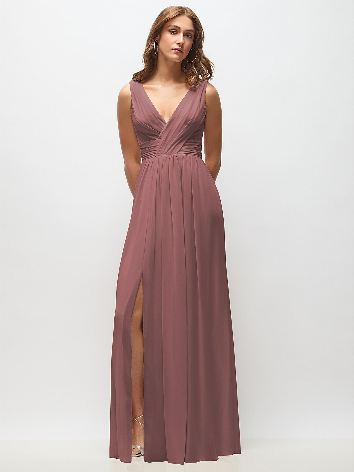 Sleeveless Draped Chiffon Maxi Bridesmaid Dress With Front Slit In