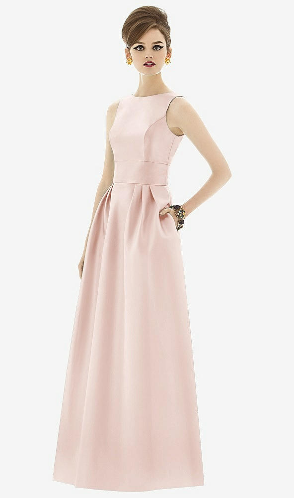 Front View - Blush Alfred Sung Open Back Satin Twill Gown D661