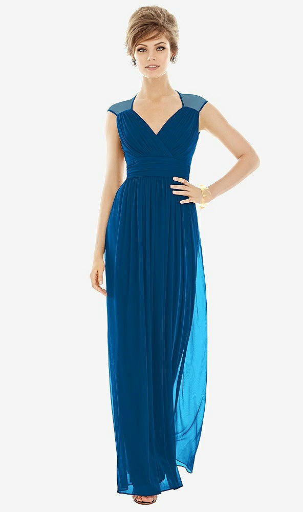 Front View - Cerulean Chiffon Knit Cap Sleeve VNeck Maxi Dress