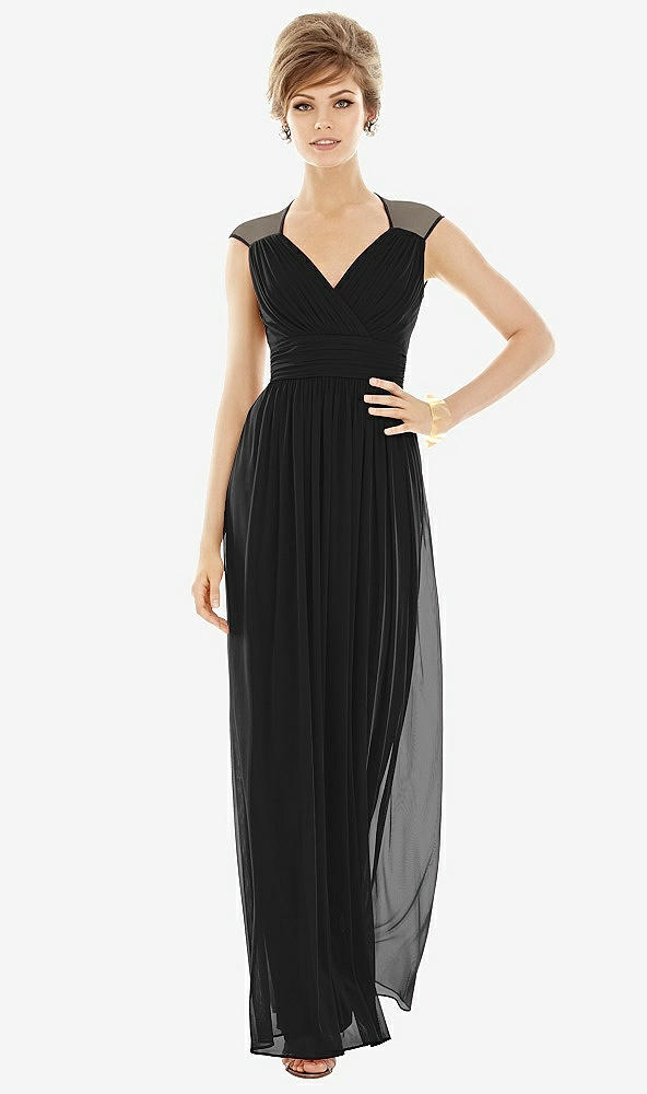 Front View - Black Chiffon Knit Cap Sleeve VNeck Maxi Dress
