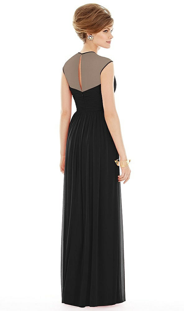 Back View - Black Chiffon Knit Cap Sleeve VNeck Maxi Dress