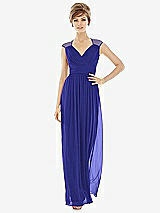Front View Thumbnail - Electric Blue Chiffon Knit Cap Sleeve VNeck Maxi Dress