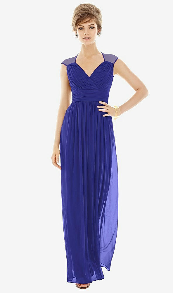 Front View - Electric Blue Chiffon Knit Cap Sleeve VNeck Maxi Dress